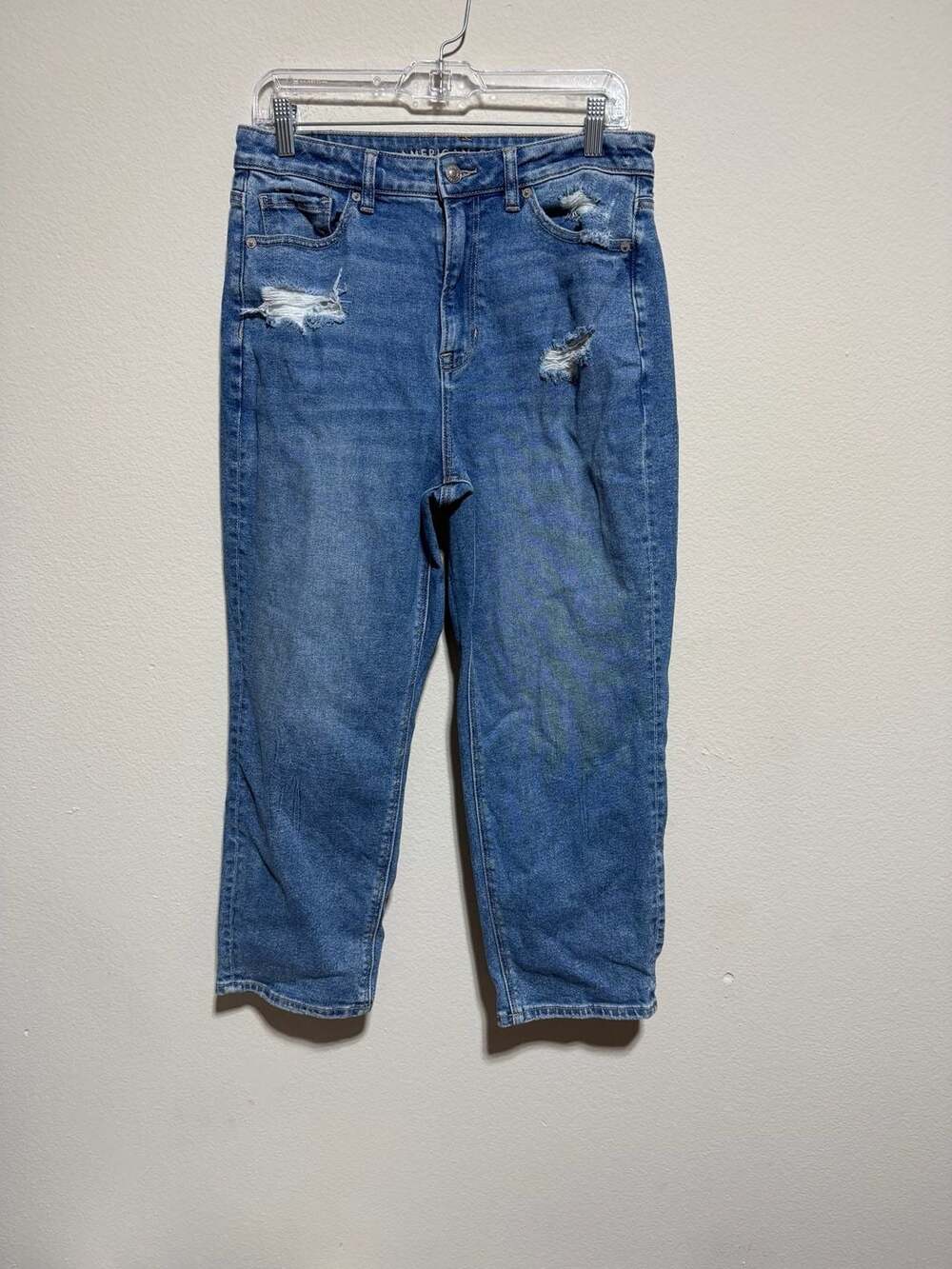 American Eagle Mom Straight Jean Distressed Stretch Blue Denim